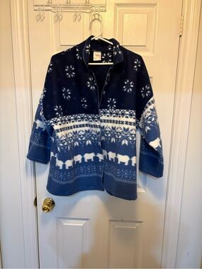 Vintage Blue and White Fleece Jacket with Nordic Animal Print